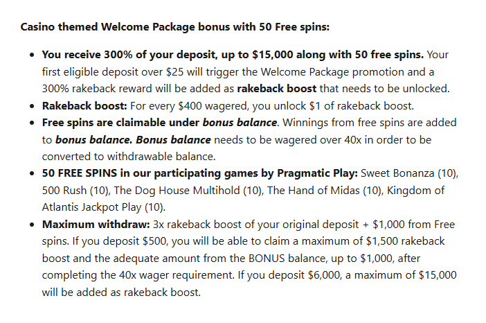 Casino themed Welcome Package bonus with 50 Free spins (500 Casino)